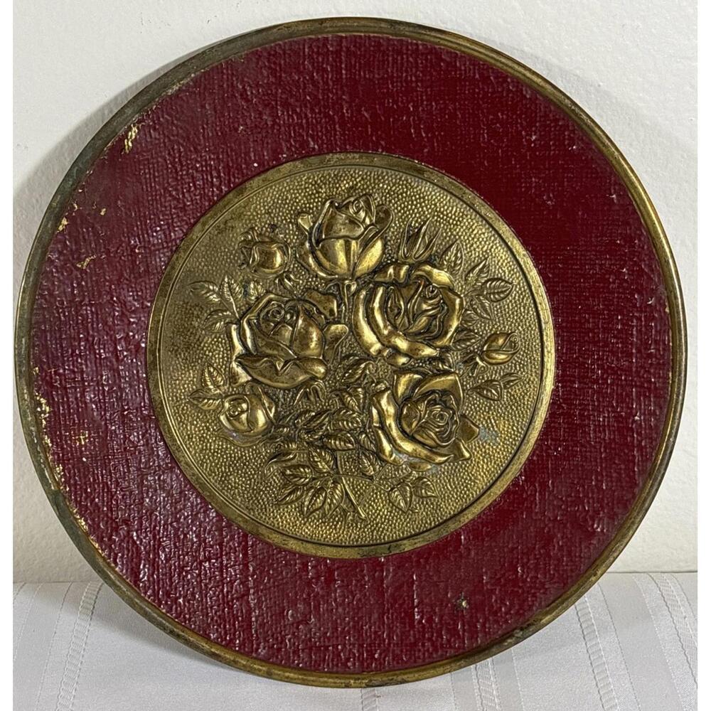 Vintage 12” Brass Wall Plate Roses Red Enamel Made in England Floral Decor